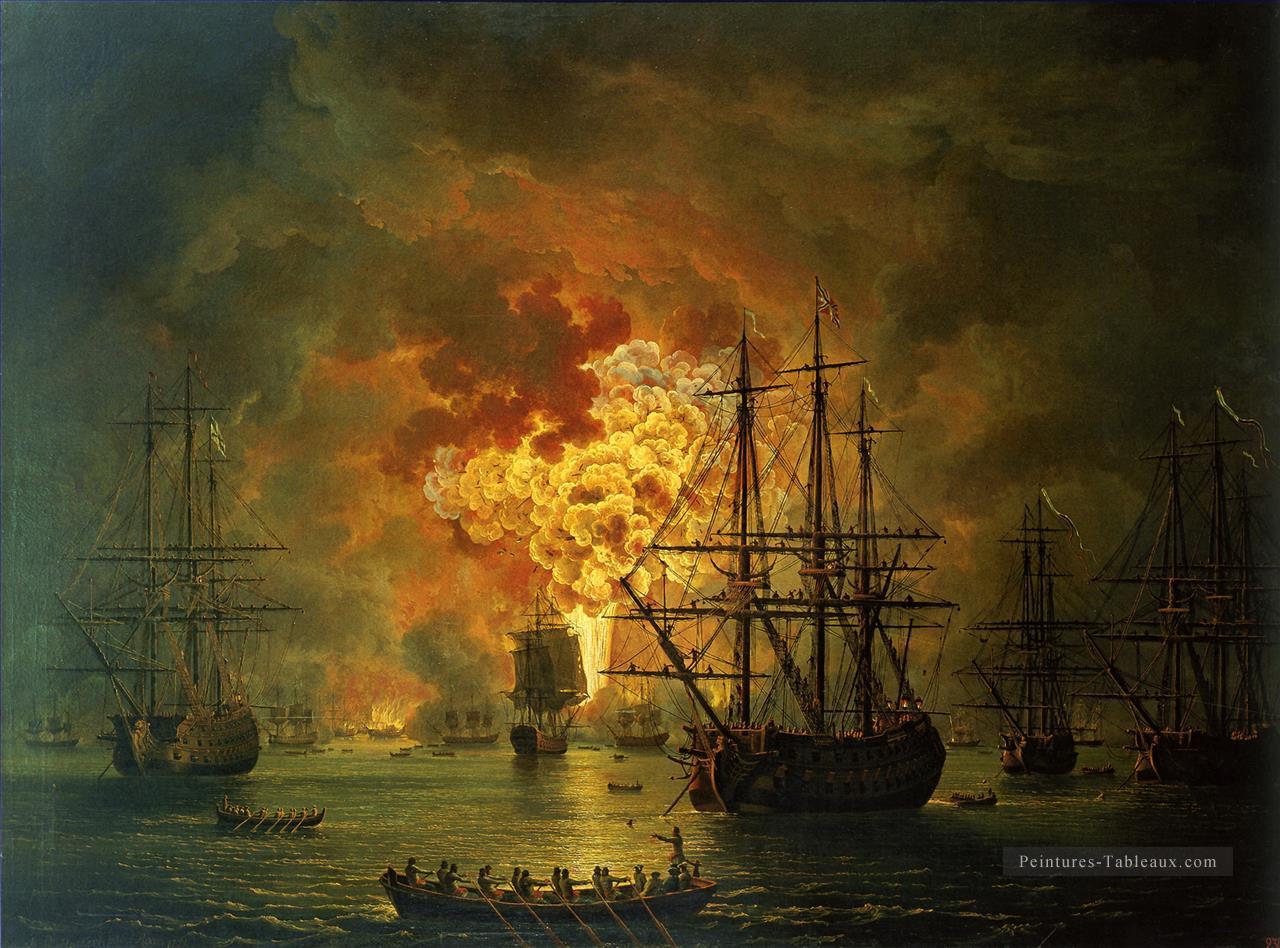 Hackert Die Zerstorung der turkischen Flotte dans le château de Tschesme 1771 Batailles navales Peintures à l'huile